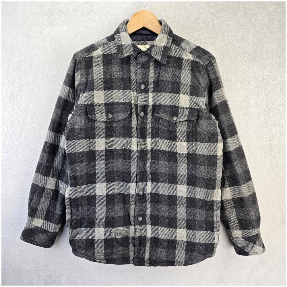 Vintage L.L. Bean Wool Shirt Jacket Mens Small Gray Plaid 0HQQ1 Lined Insulated